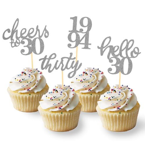 24 Stück Glitzer 30. Geburtstag Cupcake Topper Geburtstagsdeko von 1994 für 30 Geburtstagsfeier Zubehör Party Dekoration Kuchendekoration (Silber) von Moitkptt