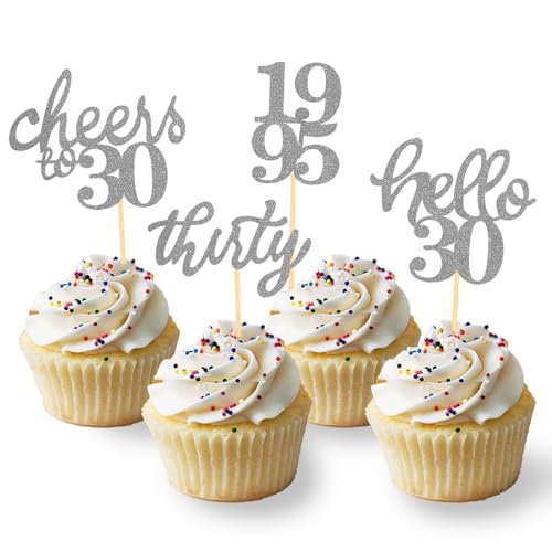 24 Stück Glitzer 30. Geburtstag Cupcake Topper, Tortendeko Perlenhochzeit, Geburtstagsdeko von 1995 für 30 Geburtstagsfeier Kuchendekoration, 30 Perlenhochzeit Kuchendeko (Silber) von Moitkptt