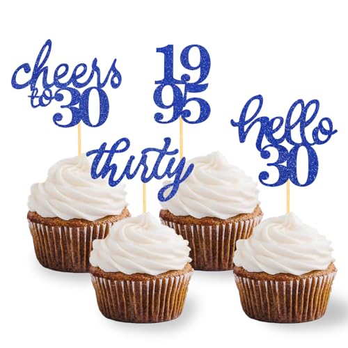 24 Stück Glitzer 30. Geburtstag Cupcake Topper Geburtstagsdeko von 1995 für 30 Geburtstagsfeier Zubehör Party Dekoration Kuchendekoration (Blau) von Moitkptt