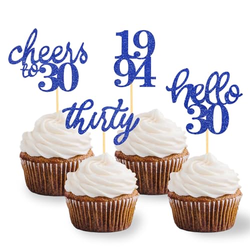 24 Stück Glitzer 30. Geburtstag Cupcake Topper Geburtstagsdeko von 1994 für 30 Geburtstagsfeier Zubehör Party Dekoration Kuchendekoration (Blau) von Moitkptt