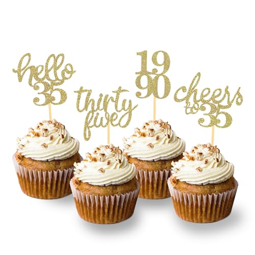 24 Stück Glitzer 35. Geburtstag Cupcake Toppers, Geburtstagsdeko 35 von 1989 für 35. Geburtstag Junge, 35 Geburtstagsfeier Zubehör Party Dekoration Kuchendekoration (Gold) von Moitkptt