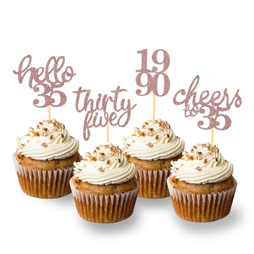 24 Stück Glitzer 35. Geburtstag Cupcake Toppers, Geburtstagsdeko 35 von 1989 für 35. Geburtstag Junge, 35 Geburtstagsfeier Zubehör Party Dekoration Kuchendekoration (Rose Gold) von Moitkptt