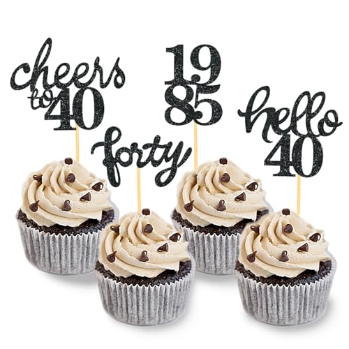 24 Stück Glitzer 40. Geburtstag Cupcake Topper, Geburtstagsdeko 40 von 1984 für Deko 40 Geburtstag, 40 Geburtstagsfeier Zubehör Party Dekoration Kuchendekoration (Schwarz) von Moitkptt