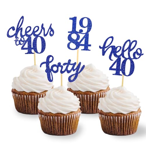 24 Stück Glitzer 40. Geburtstag Cupcake Topper, Geburtstagsdeko 40 von 1984 für Deko 40 Geburtstag, 40 Geburtstagsfeier Zubehör Party Dekoration Kuchendekoration (Blau) von Moitkptt