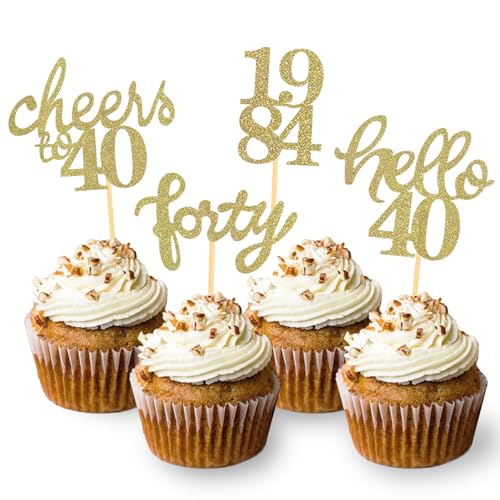24 Stück Glitzer 40. Geburtstag Cupcake Topper, Geburtstagsdeko 40 von 1984 für Deko 40 Geburtstag, 40 Geburtstagsfeier Zubehör Party Dekoration Kuchendekoration (Gold) von Moitkptt