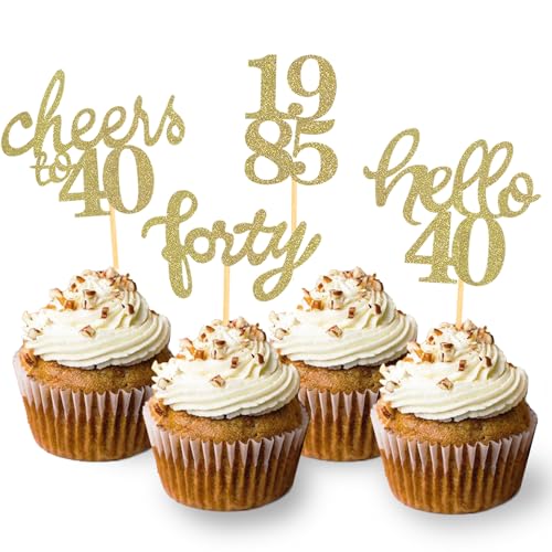 24 Stück Glitzer 40. Geburtstag Cupcake Topper, Geburtstagsdeko 40 von 1985 für Deko 40 Geburtstag, 40 Geburtstagsfeier Zubehör Party Dekoration Kuchendekoration (Gold) von Moitkptt