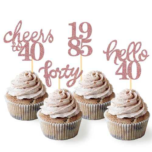 24 Stück Glitzer 40. Geburtstag Cupcake Topper, Geburtstagsdeko 40 von 1985 für Deko 40 Geburtstag, 40 Geburtstagsfeier Zubehör Party Dekoration Kuchendekoration (Rose Gold) von Moitkptt