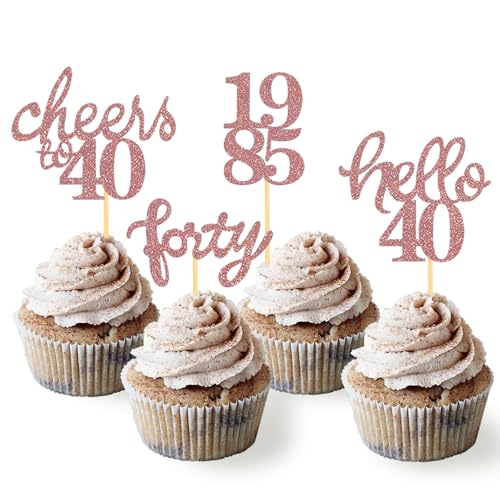 24 Stück Glitzer 40. Geburtstag Cupcake Topper, Geburtstagsdeko 40 von 1984 für Deko 40 Geburtstag, 40 Geburtstagsfeier Zubehör Party Dekoration Kuchendekoration (Rose Gold) von Moitkptt