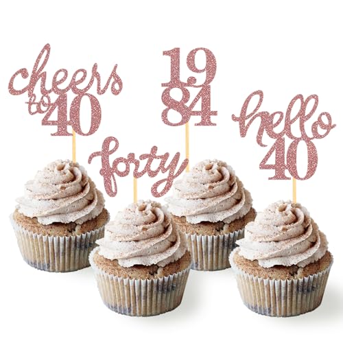 24 Stück Glitzer 40. Geburtstag Cupcake Topper, Geburtstagsdeko 40 von 1984 für Deko 40 Geburtstag, 40 Geburtstagsfeier Zubehör Party Dekoration Kuchendekoration (Rose Gold) von Moitkptt