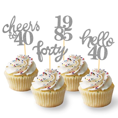 24 Stück Glitzer 40. Geburtstag Cupcake Topper, Geburtstagsdeko 40 von 1985 für Deko 40 Geburtstag, 40 Geburtstagsfeier Zubehör Party Dekoration Kuchendekoration (Silber) von Moitkptt