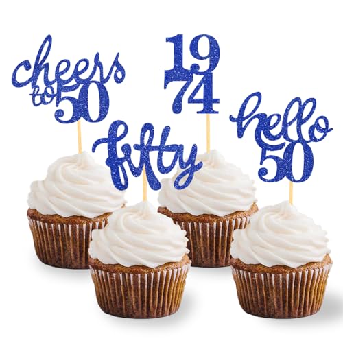 24 Stück Glitzer 50. Geburtstag Cupcake Topper, Geburtstagsdeko 50 von 1974 für Deko zum 50.Geburtstag, 50 Geburtstagsfeier Zubehör Party Dekoration Kuchendekoration (Blau) von Moitkptt