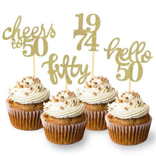 24 Stück Glitzer 50. Geburtstag Cupcake Topper, Geburtstagsdeko 50 von 1974 für Deko zum 50.Geburtstag, 50 Geburtstagsfeier Zubehör Party Dekoration Kuchendekoration (Gold) von Moitkptt