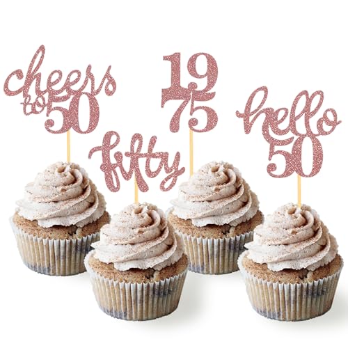 24 Stück Glitzer 50. Geburtstag Cupcake Topper, Geburtstagsdeko 50 von 1975 für Deko zum 50.Geburtstag, 50 Geburtstagsfeier Zubehör Party Dekoration Kuchendekoration (Rose Gold) von Moitkptt