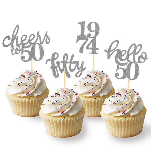 24 Stück Glitzer 50. Geburtstag Cupcake Topper, Geburtstagsdeko 50 von 1974 für Deko zum 50.Geburtstag, 50 Geburtstagsfeier Zubehör Party Dekoration Kuchendekoration (Silber) von Moitkptt