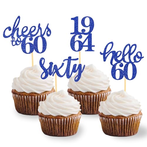 24 Stück Glitzer 60. Geburtstag Cupcake Topper Geburtstagsdeko von 1964 für 60 Geburtstagsfeier Zubehör Party Dekoration Kuchendekoration (Blau) von Moitkptt