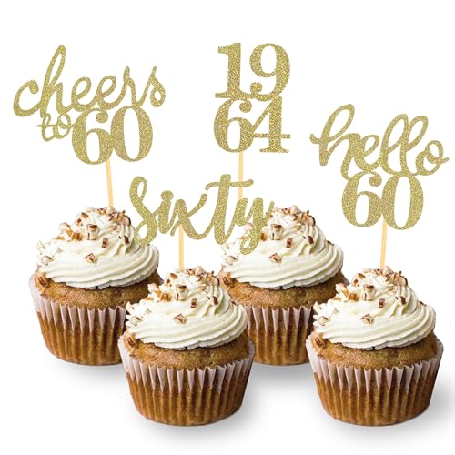 24 Stück Glitzer 60. Geburtstag Cupcake Topper Geburtstagsdeko von 1964 für 60 Geburtstagsfeier Zubehör Party Dekoration Kuchendekoration (Gold) von Moitkptt