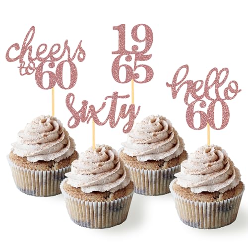 24 Stück Glitzer 60. Geburtstag Cupcake Topper Geburtstagsdeko von 1965 für 60 Geburtstagsfeier Zubehör Party Dekoration Kuchendekoration (Rose Gold) von Moitkptt