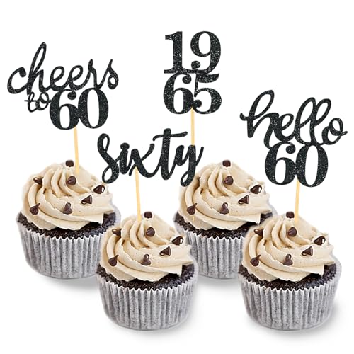 24 Stück Glitzer 60. Geburtstag Cupcake Topper Geburtstagsdeko von 1964 für 60 Geburtstagsfeier Zubehör Party Dekoration Kuchendekoration (Schwarz) von Moitkptt