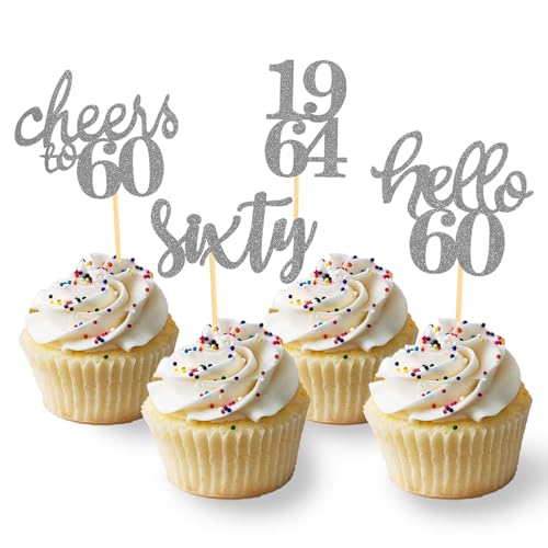 24 Stück Glitzer 60. Geburtstag Cupcake Topper Geburtstagsdeko von 1964 für 60 Geburtstagsfeier Zubehör Party Dekoration Kuchendekoration (Silber) von Moitkptt
