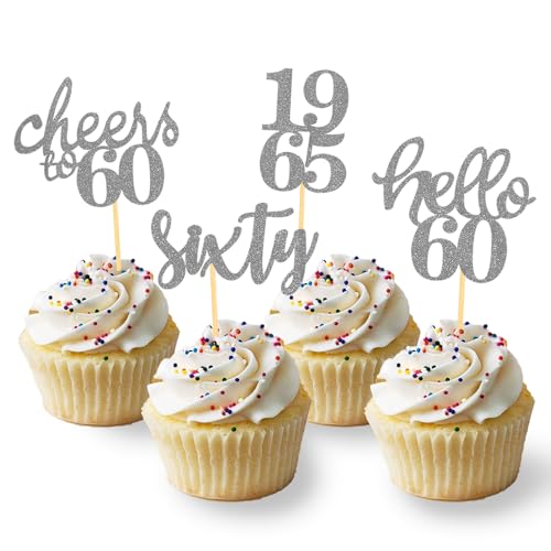 24 Stück Glitzer 60. Geburtstag Cupcake Topper Geburtstagsdeko von 1965 für 60 Geburtstagsfeier Zubehör Party Dekoration Kuchendekoration (Silber) von Moitkptt