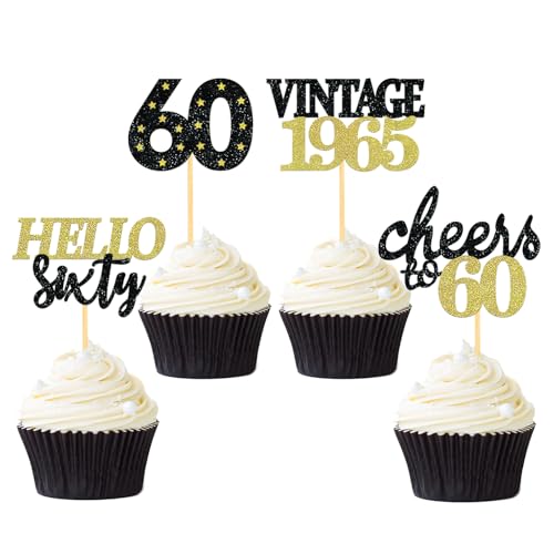 24 Stück Glitzer 60. Geburtstag Cupcake Topper Geburtstagsdeko von 1965 für 60 Geburtstagsfeier Zubehör Party Dekoration Kuchendekoration (Schwarz & Gold) von Moitkptt