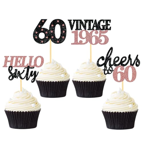 24 Stück Glitzer 60. Geburtstag Cupcake Topper Geburtstagsdeko von 1965 für 60 Geburtstagsfeier Zubehör Party Dekoration Kuchendekoration (Schwarz & Rose Gold) von Moitkptt