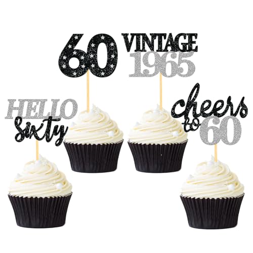 24 Stück Glitzer 60. Geburtstag Cupcake Topper Geburtstagsdeko von 1965 für 60 Geburtstagsfeier Zubehör Party Dekoration Kuchendekoration (Schwarz & Silber) von Moitkptt