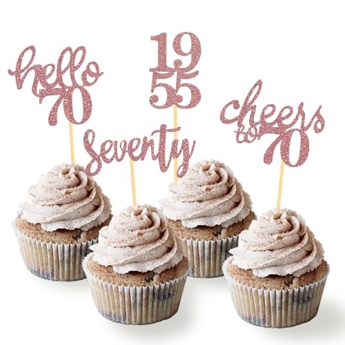 24 Stück Glitzer 70. Geburtstag Cupcake Topper, 70 Geburtstag Deko von 1955 für 70 Geburtstagsfeier Zubehör Party Dekoration Kuchendekoration (Rose Gold) von Moitkptt