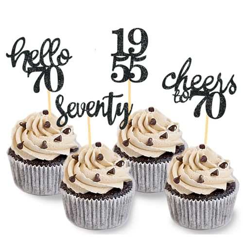 24 Stück Glitzer 70. Geburtstag Cupcake Topper, 70 Geburtstag Deko von 1955 für 70 Geburtstagsfeier Zubehör Party Dekoration Kuchendekoration (Schwarz) von Moitkptt