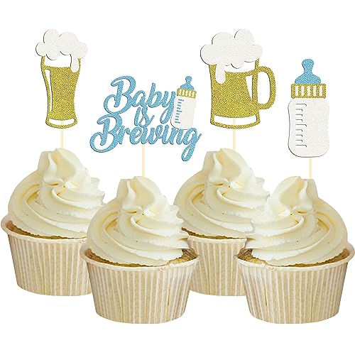 24 Stück Glitzer Baby is Brewing Cupcake Topper, Baby Shower Tortendeko für Jungen Geburtstag Babyparty, Baby Shower, Geschlecht verkünden, Schwangerschaft (Blau) von Moitkptt