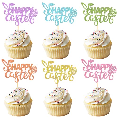 24 Stück Glitzer Frohe Ostern Cupcake Toppers, Happy Estern Tortendeko, Kuchen Deko Ostern für Ostern Party Dekoration (Happy) von Moitkptt