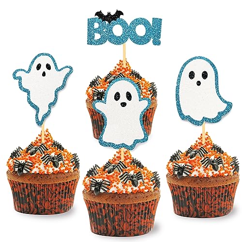 24 Stück Glitzer Halloween Cupcake Topper, Geist Kuchendeko, Halloween Baby Shower Tortendeko für Halloween Party, Babyparty, Baby Shower, Geschlecht verkünden, Schwangerschaft Dekoration (Blau) von Moitkptt