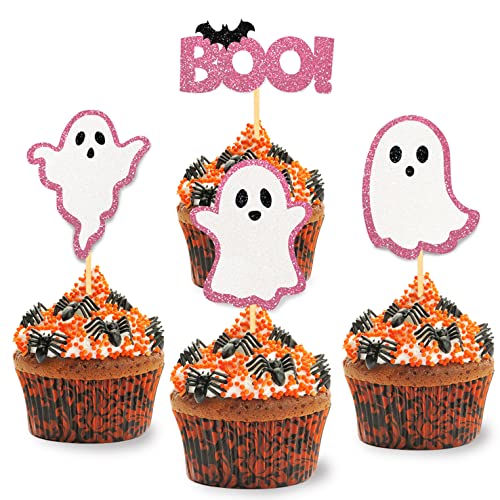 24 Stück Glitzer Halloween Cupcake Topper, Geist Kuchendeko, Baby Shower Tortendeko für Party, Babyparty, Geschlecht Verkünden, Schwangerschaft Dekoration (Rosa) von Moitkptt