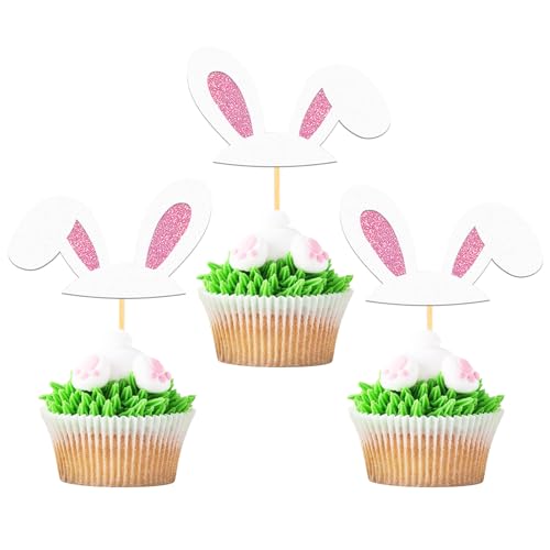 24 Stück Glitzer Hasenohren Cupcake Toppers, Ostern Tortendeko, Hasenohren Kuchen Deko Osterfest für Ostern Party Dekoration (Rosa Hasenohren1) von Moitkptt