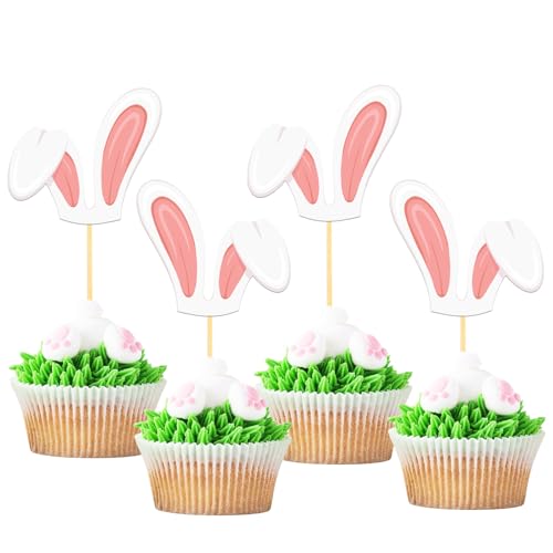 24 Stück Glitzer Hasenohren Cupcake Toppers, Ostern Tortendeko, Hasenohren Kuchen Deko Osterfest für Ostern Party Dekoration (Rosa Hasenohren2) von Moitkptt