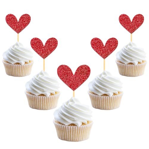 24 Stück Glitzer Liebe Herz Cupcake Toppers, Valentinstag Tortendeko, Rubinhochzeit Gemischte Größe Kuchendeko für Valentinstag Jahrestag Braut Geburtstag Heiratsantrag Verlobung Party Deko (Rot) von Moitkptt