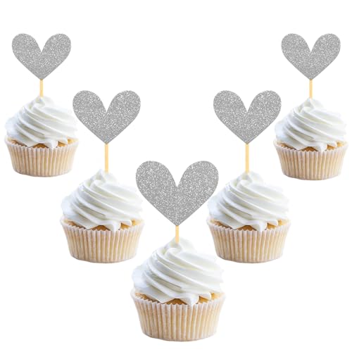 24 Stück Glitzer Liebe Herz Cupcake Toppers, Valentinstag Tortendeko, Kuchendeko Silberhochzeit für Verlobung 25 Hochzeitstag, Valentinstag, 30 Perlenhochzeit, 60 Diamantene Hochzeit Deko (Silber) von Moitkptt