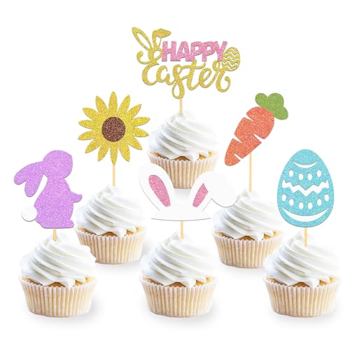 24 Stück Glitzer Ostern Cupcake Toppers, Frohe Ostern Tortendeko Kaninchen, Kuchen Deko Ostereier für Ostern Party Dekoration (Mix) von Moitkptt