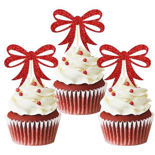 24 Stück Glitzer Rote Weihnachtsschleifen Cupcake Toppers, Tortendeko Weihnachten, Kuchen Deko Weihnachten für Neujahr Party, Weihnachtsfeier Deko (Schleife) von Moitkptt