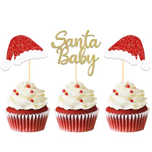 24 Stück Glitzer Santa Baby Cupcake Toppers, erstes Jahr Weihnachten Tortendeko, Weihnachtsmütze Kuchen Deko für Weihnachten Baby Dusche, Babyshower, Geburtstagsparty Deko (Santa Baby-3) von Moitkptt