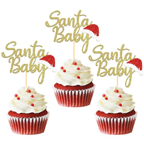 24 Stück Glitzer Santa Baby Cupcake Toppers, erstes Jahr Weihnachten Tortendeko für Weihnachten Baby Dusche, Babyshower, Geburtstagsparty Deko (Santa Baby) von Moitkptt