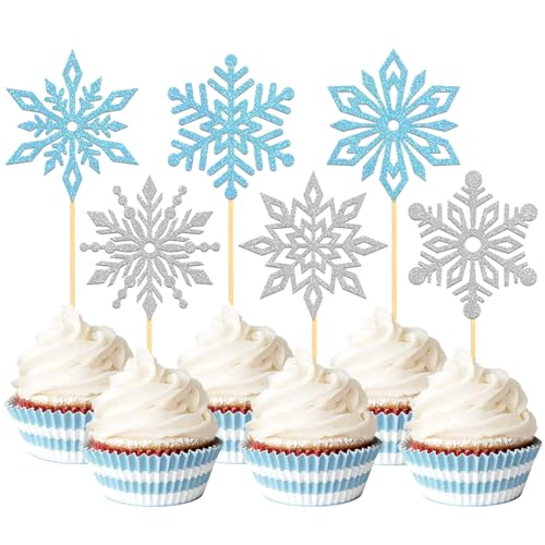 24 Stück Glitzer Schneeflocken Cupcake Toppers, Winterdeko Cake Toppers für Schneeflocken Deko, Weihnachten Deko, Winter Dekoration Kuchendekoration (Blau) von Moitkptt