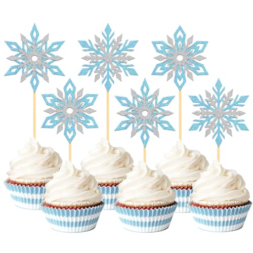 24 Stück Glitzer Schneeflocken Cupcake Toppers, Winterdeko Cake Toppers für Schneeflocken Deko, Weihnachten Deko, Winter Dekoration Kuchendekoration (Mix Blau) von Moitkptt