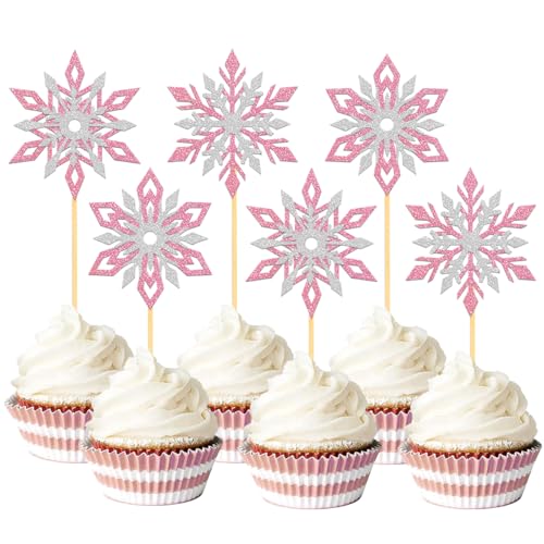 24 Stück Glitzer Schneeflocken Cupcake Toppers, Winterdeko Cake Toppers für Schneeflocken Deko, Weihnachten Deko, Winter Dekoration Kuchendekoration (Mix Rosa) von Moitkptt