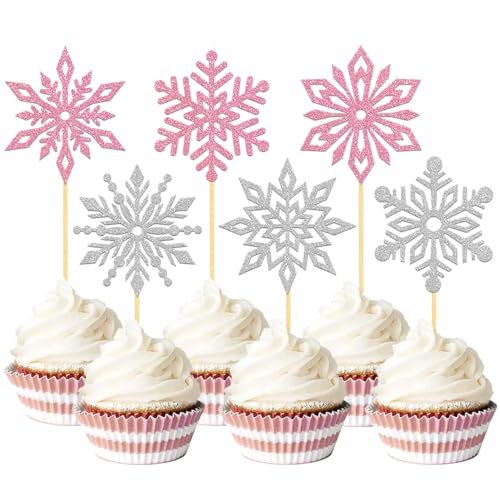 24 Stück Glitzer Schneeflocken Cupcake Toppers, Winterdeko Cake Toppers für Schneeflocken Deko, Weihnachten Deko, Winter Dekoration Kuchendekoration (Rosa) von Moitkptt