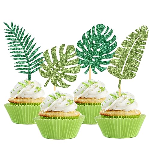 24 Stück Glitzer Tropische Hawaii Cupcake Topper, Aloha Cupcake Topper für Hawaii Aloha Luau Poolparty Sommerparty Dekoration (Tropisches Blatt A) von Moitkptt