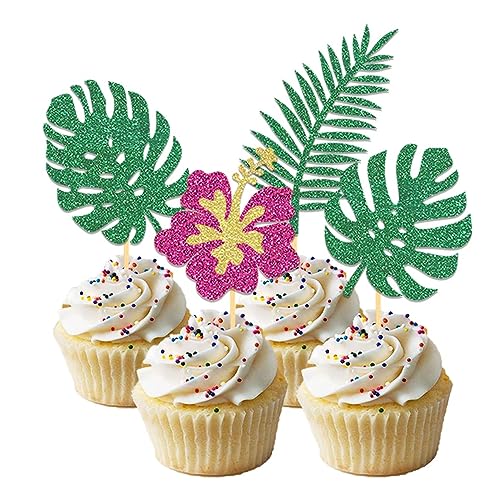 24 Stück Glitzer Tropische Hawaii Cupcake Topper, Aloha Cupcake Topper für Hawaii Aloha Luau Poolparty Sommerparty Dekoration (Tropisches Blatt B) von Moitkptt
