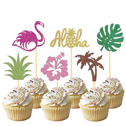 24 Stück Glitzer Tropische Hawaii Cupcake Topper, Flamingo Tortendeko, Aloha Cupcake Topper für Hawaii Aloha Luau Poolparty Sommerparty Dekoration (Aloha Gold) von Moitkptt