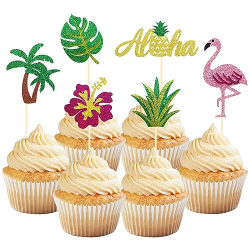 24 Stück Glitzer Tropische Hawaii Cupcake Topper, Flamingo Tortendeko, Aloha Cupcake Topper für Hawaii Aloha Luau Poolparty Sommerparty Dekoration (Aloha grün) von Moitkptt