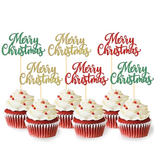24 Stück Glitzer Weihnachten Cupcake Toppers, Merry Christmas Tortendeko, Frohe Weihnachten Kuchen Deko für Neujahr Party, Weihnachtsfeier (3 Christmas) von Moitkptt
